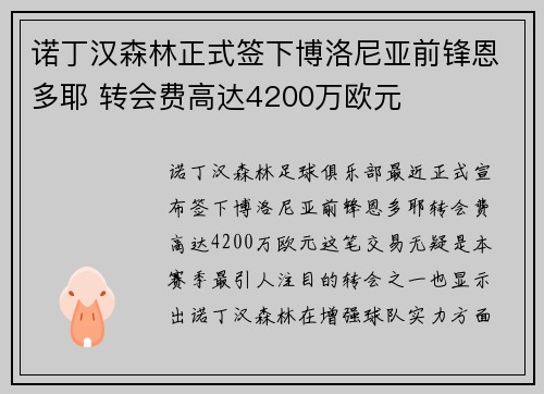 诺丁汉森林正式签下博洛尼亚前锋恩多耶 转会费高达4200万欧元